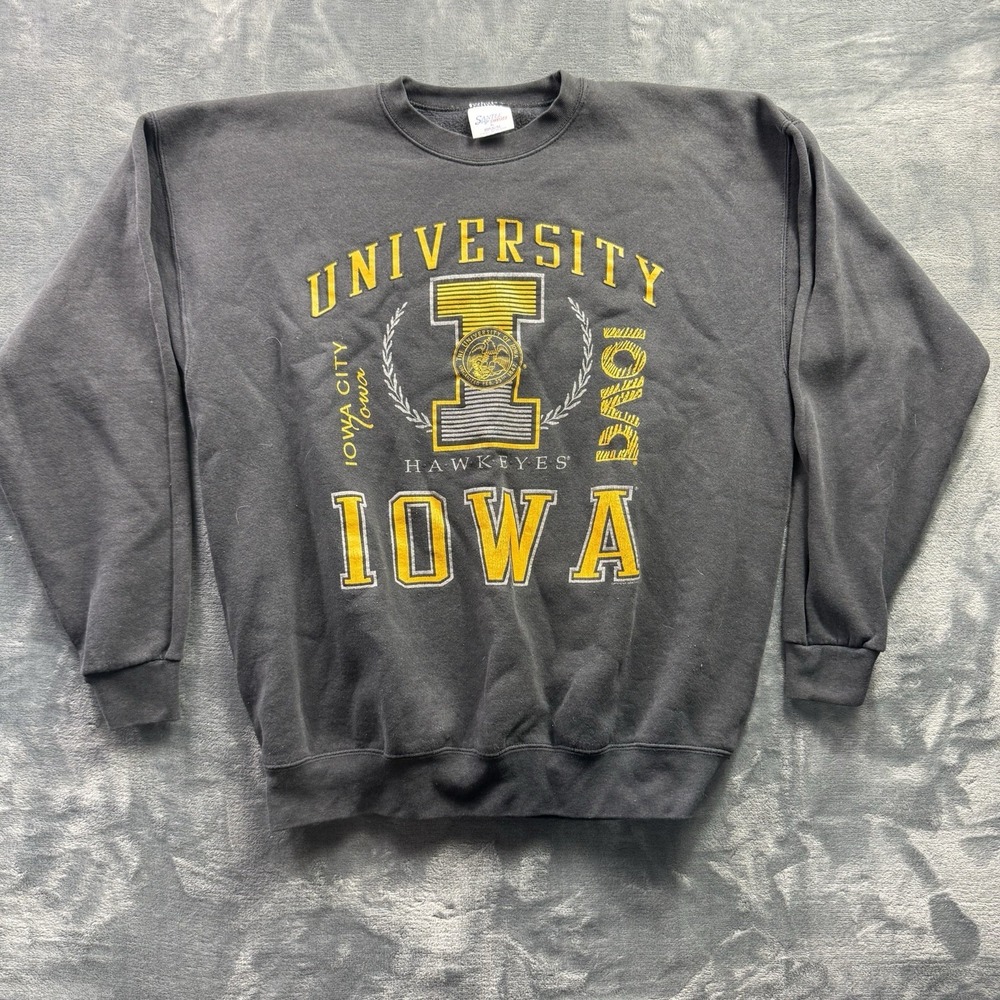 Vintage 90s University of Iowa Hawkeyes Sweatshirt XL USA Made Black Crewneck